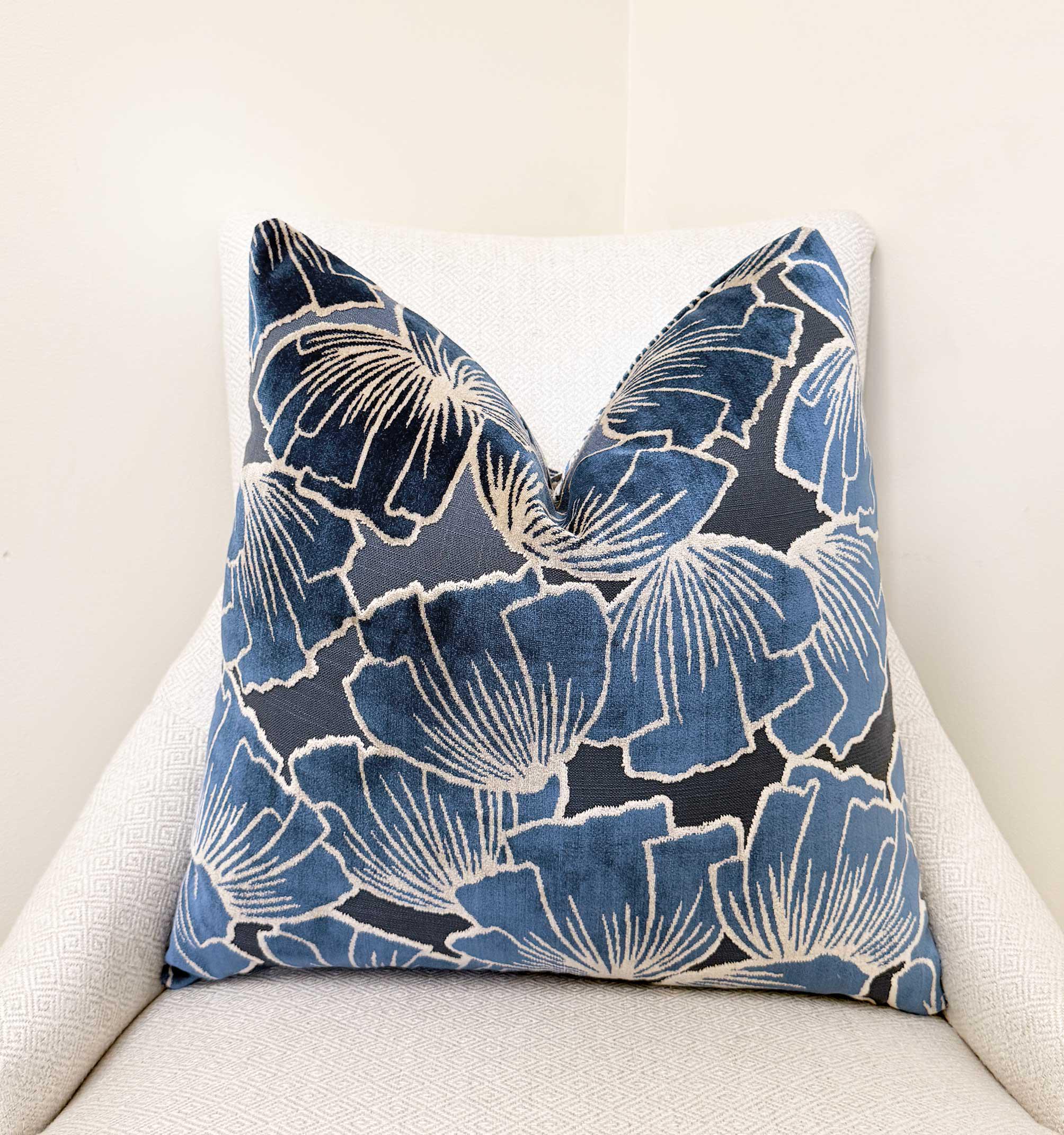 Blue Botanical Floral Velvet Pillow Cover - Image 5