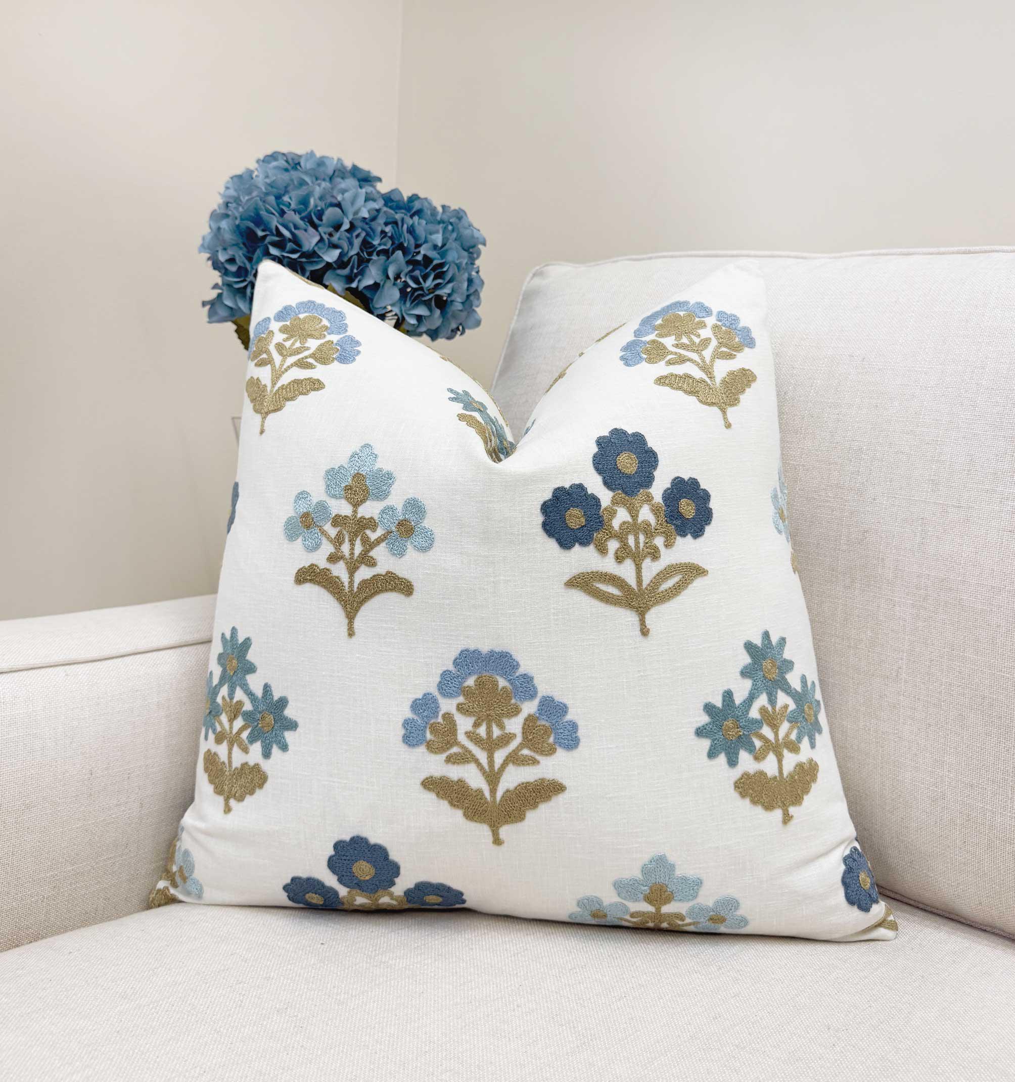 Blue Floral Sprig Velvet Pillow Cover