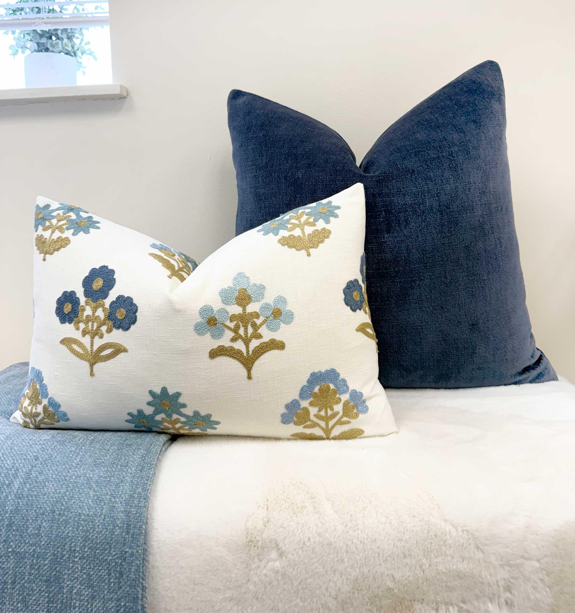 Blue Floral Sprig Velvet Pillow Cover - Image 2