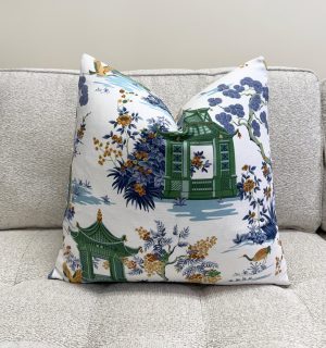 Green Pagoda Chinoiserie Garden Velvet Pillow Cover