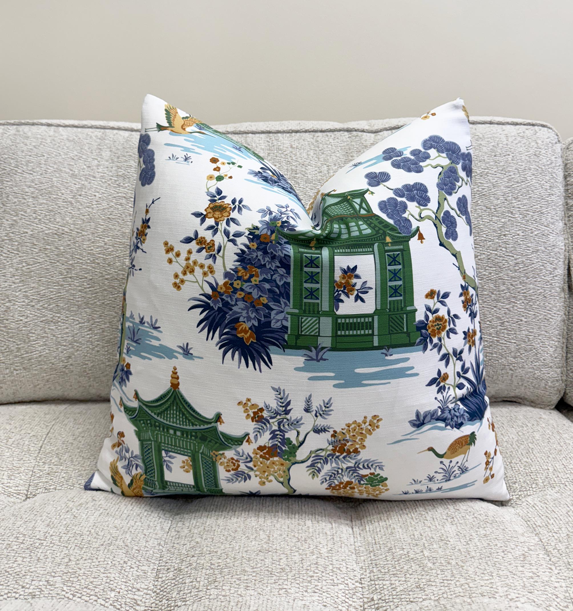Green Pagoda Chinoiserie Garden Velvet Pillow Cover