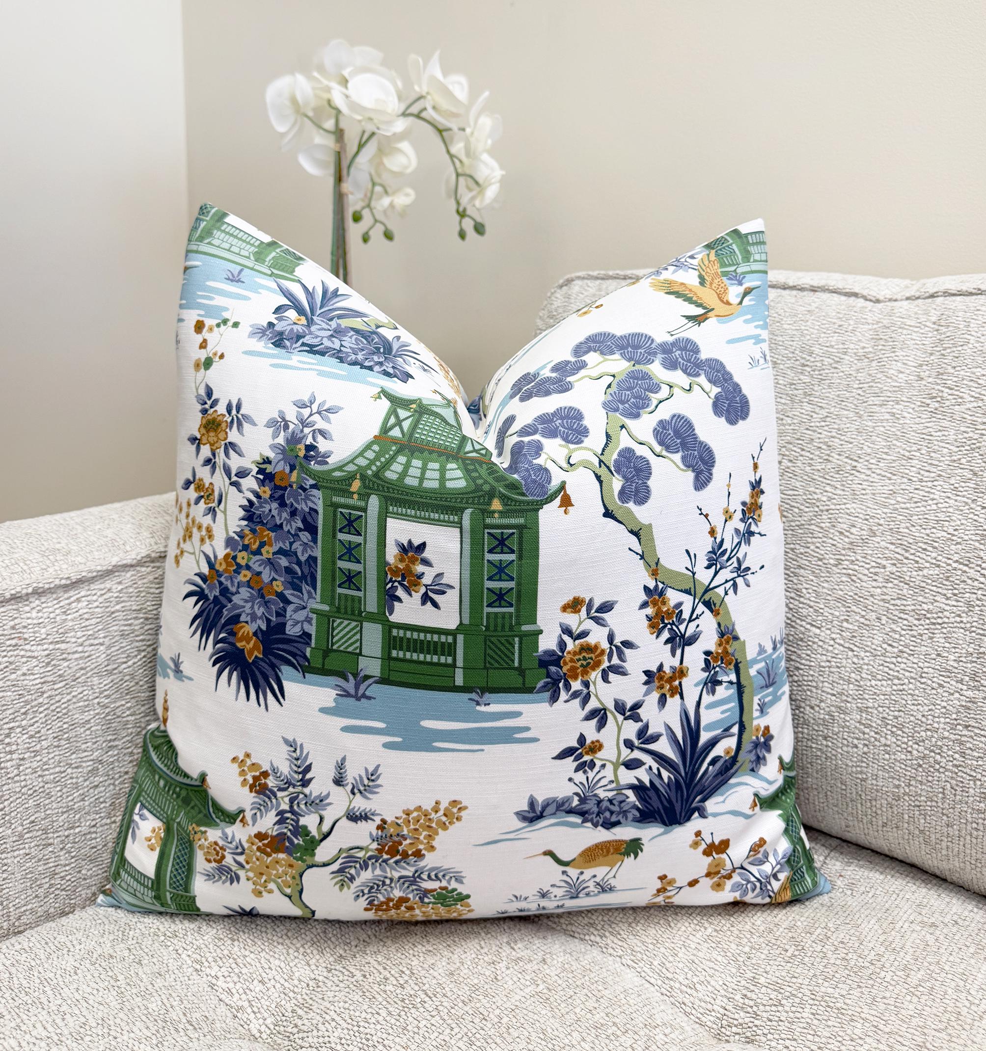 Green Pagoda Chinoiserie Garden Velvet Pillow Cover - Image 2
