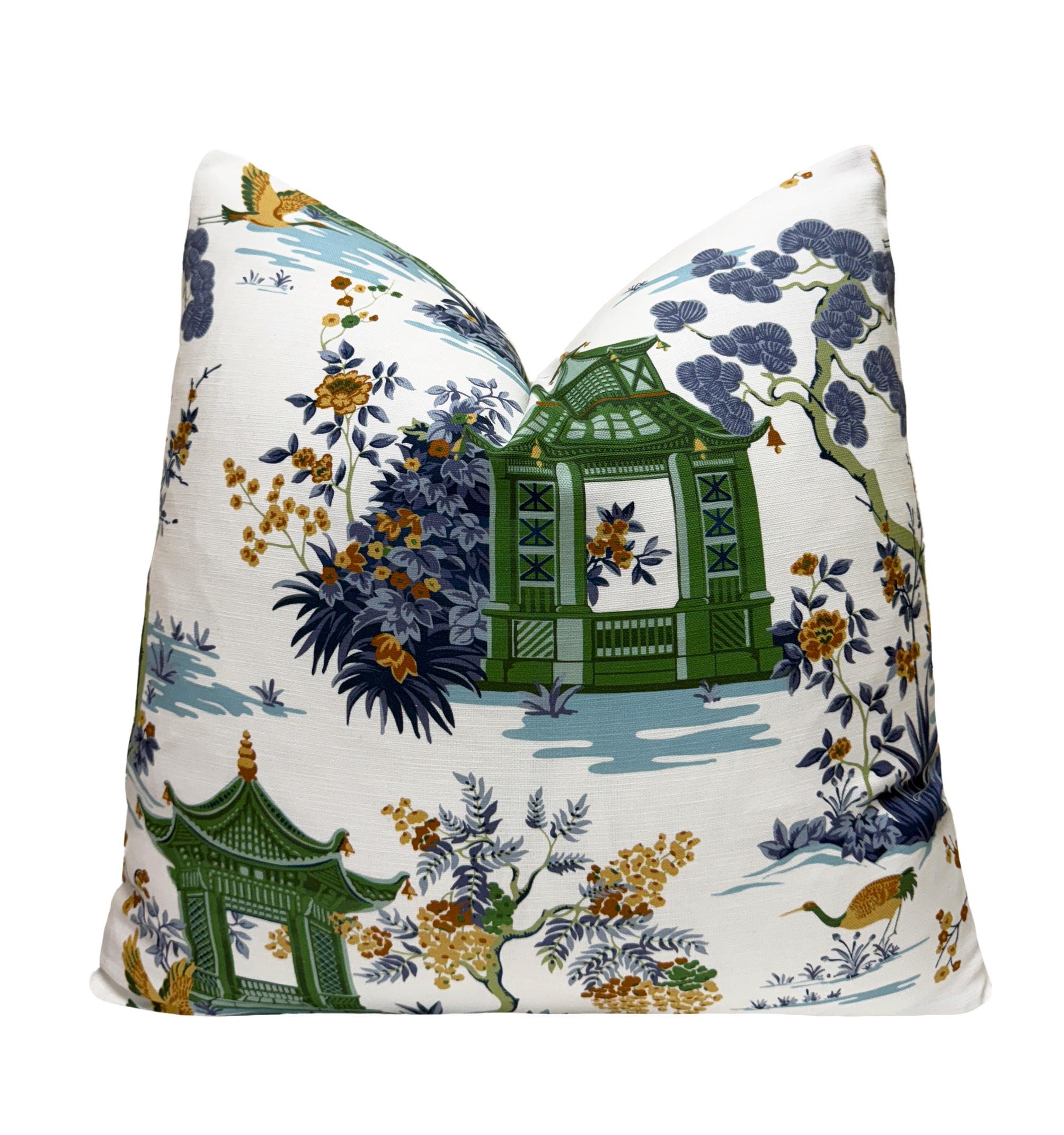 Green Pagoda Chinoiserie Garden Velvet Pillow Cover - Image 3