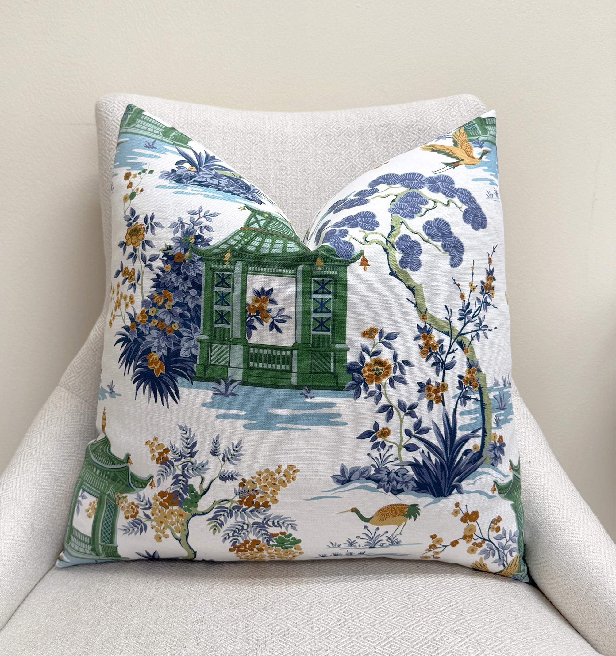 Green Pagoda Chinoiserie Garden Velvet Pillow Cover - Image 4