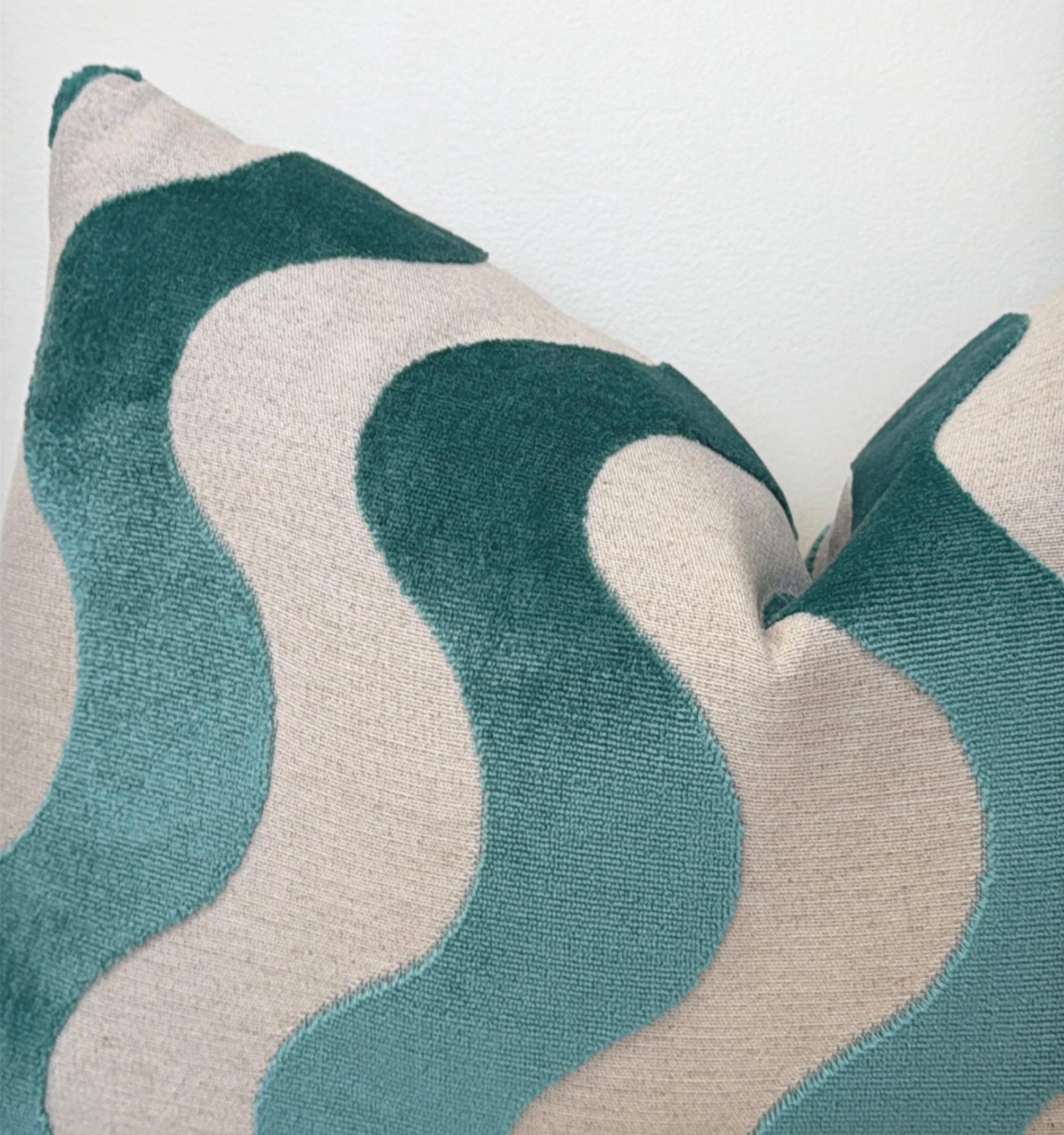 Aqua Blue Wavy Stripe Velvet Pillow Cover - Image 4