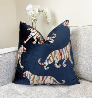 Navy Blue Tiger Motif Velvet Pillow Cover