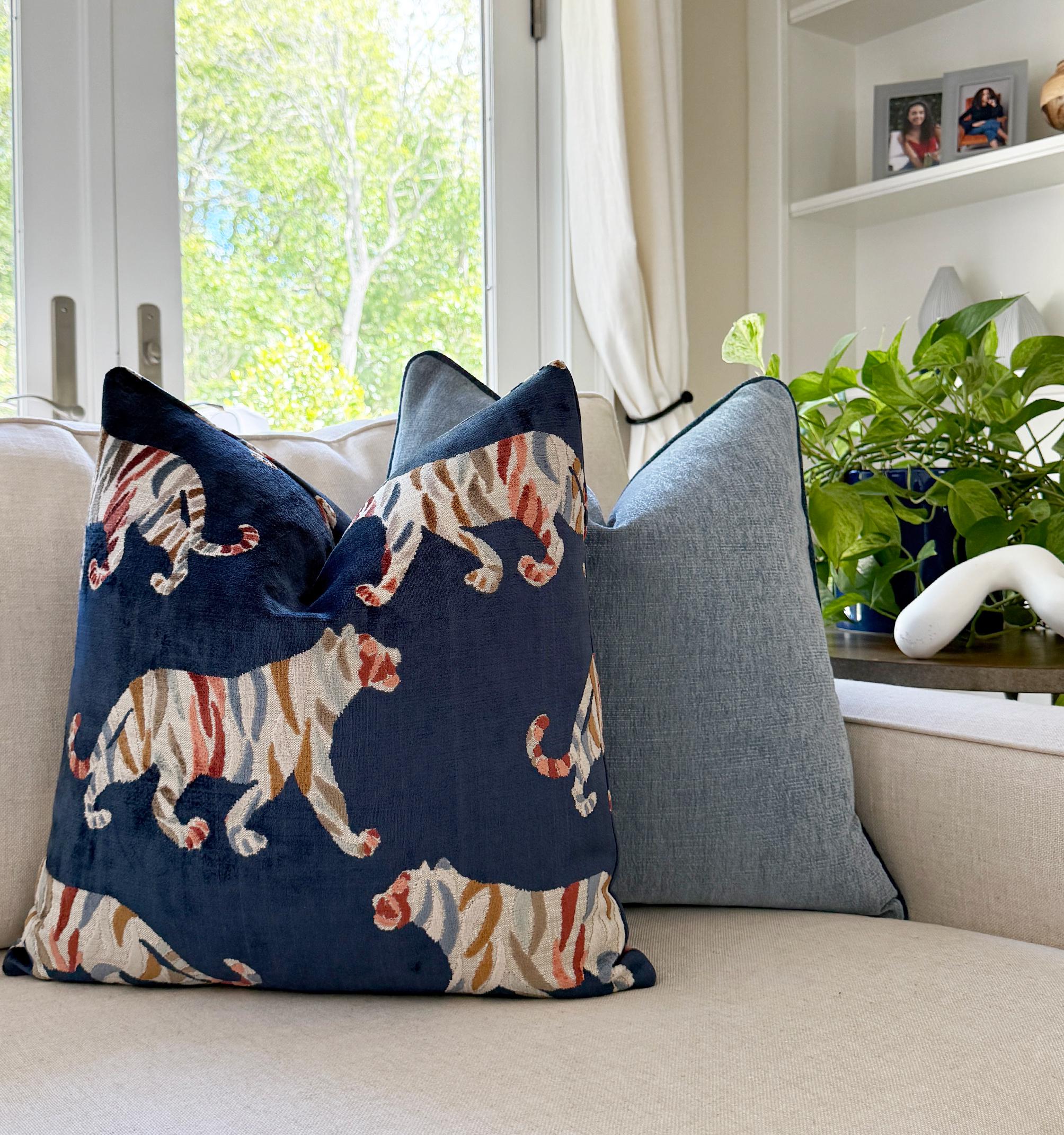 Navy Blue Tiger Motif Velvet Pillow Cover - Image 2