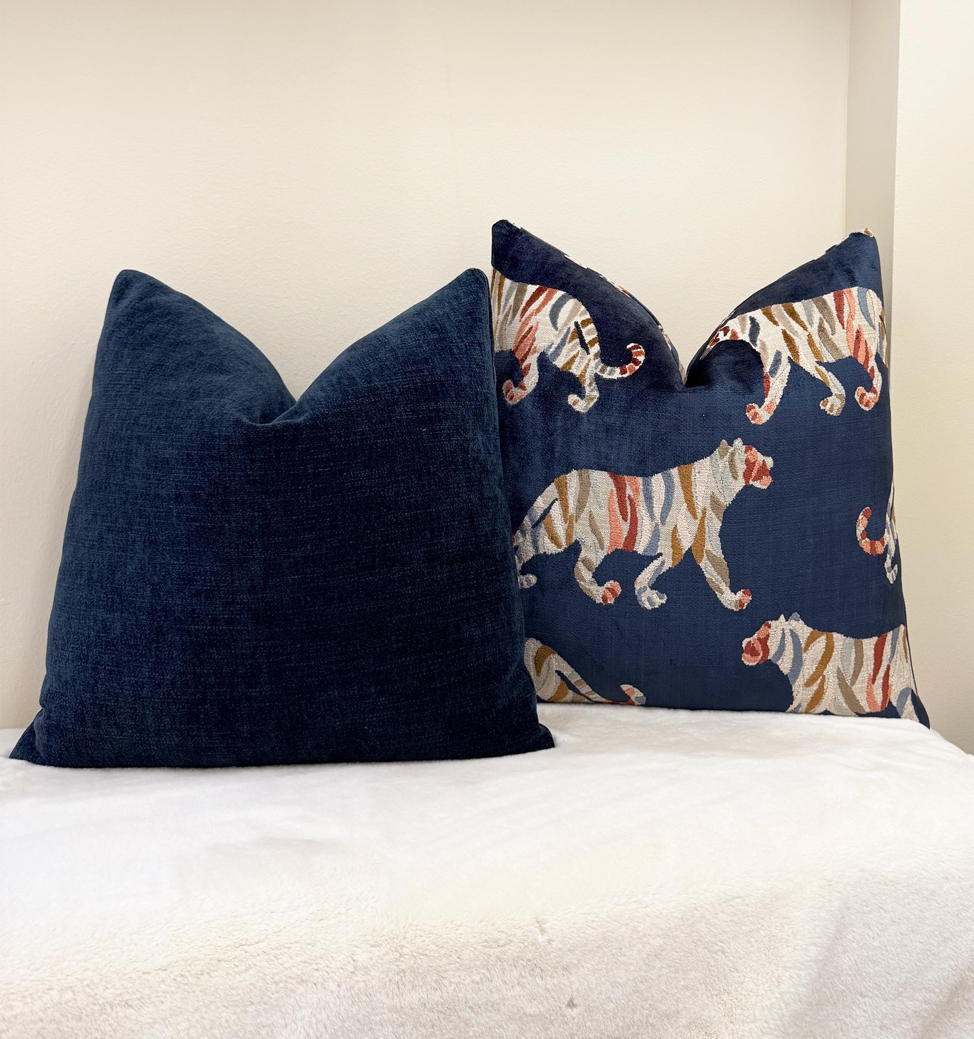 Navy Blue Tiger Motif Velvet Pillow Cover - Image 3