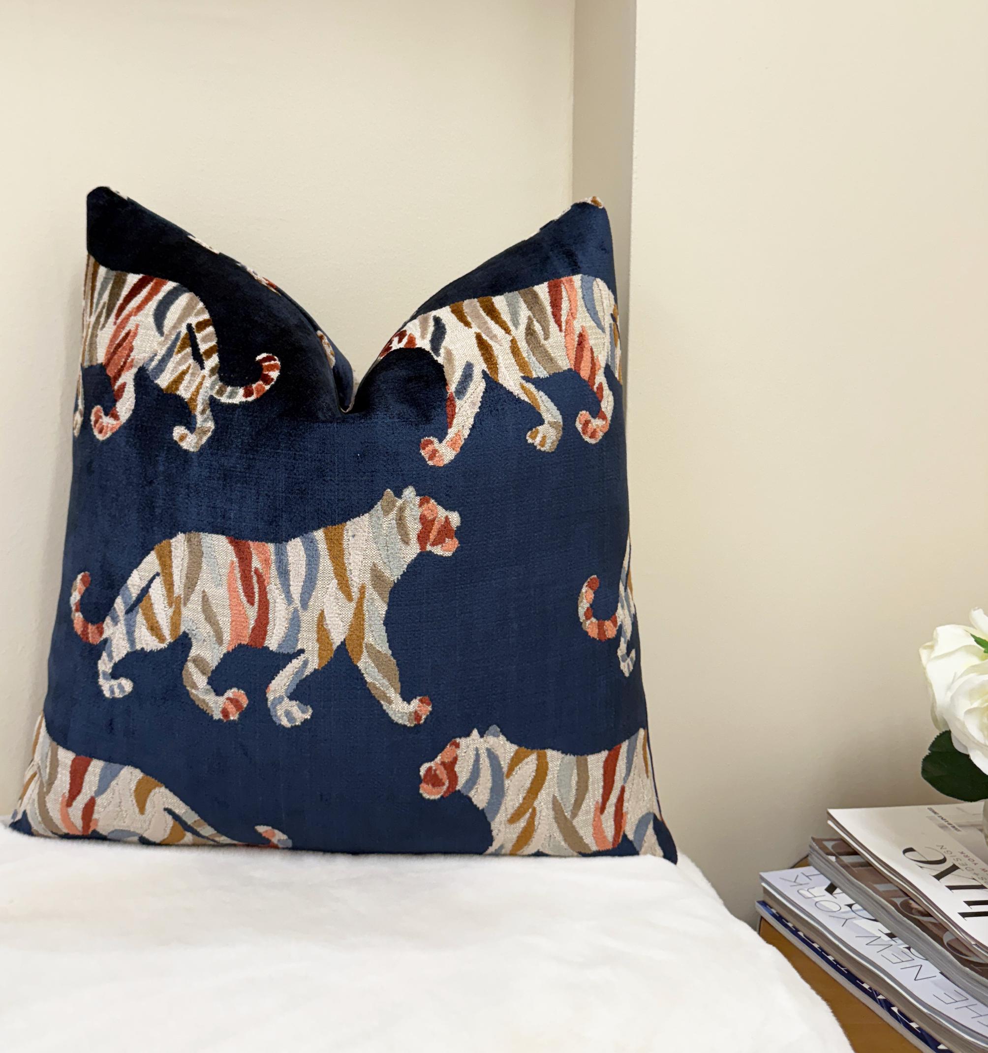 Navy Blue Tiger Motif Velvet Pillow Cover - Image 4