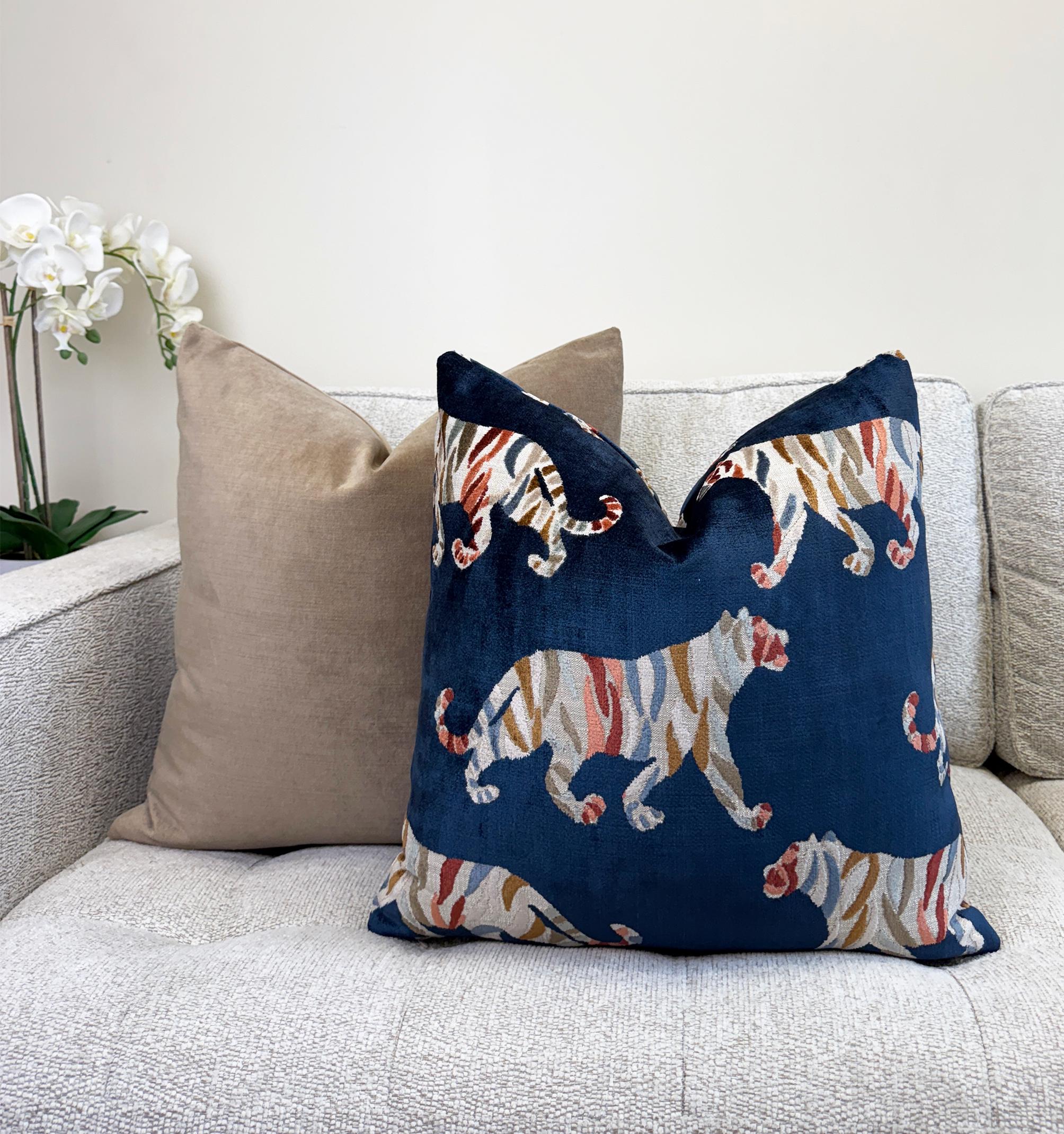 Navy Blue Tiger Motif Velvet Pillow Cover - Image 5