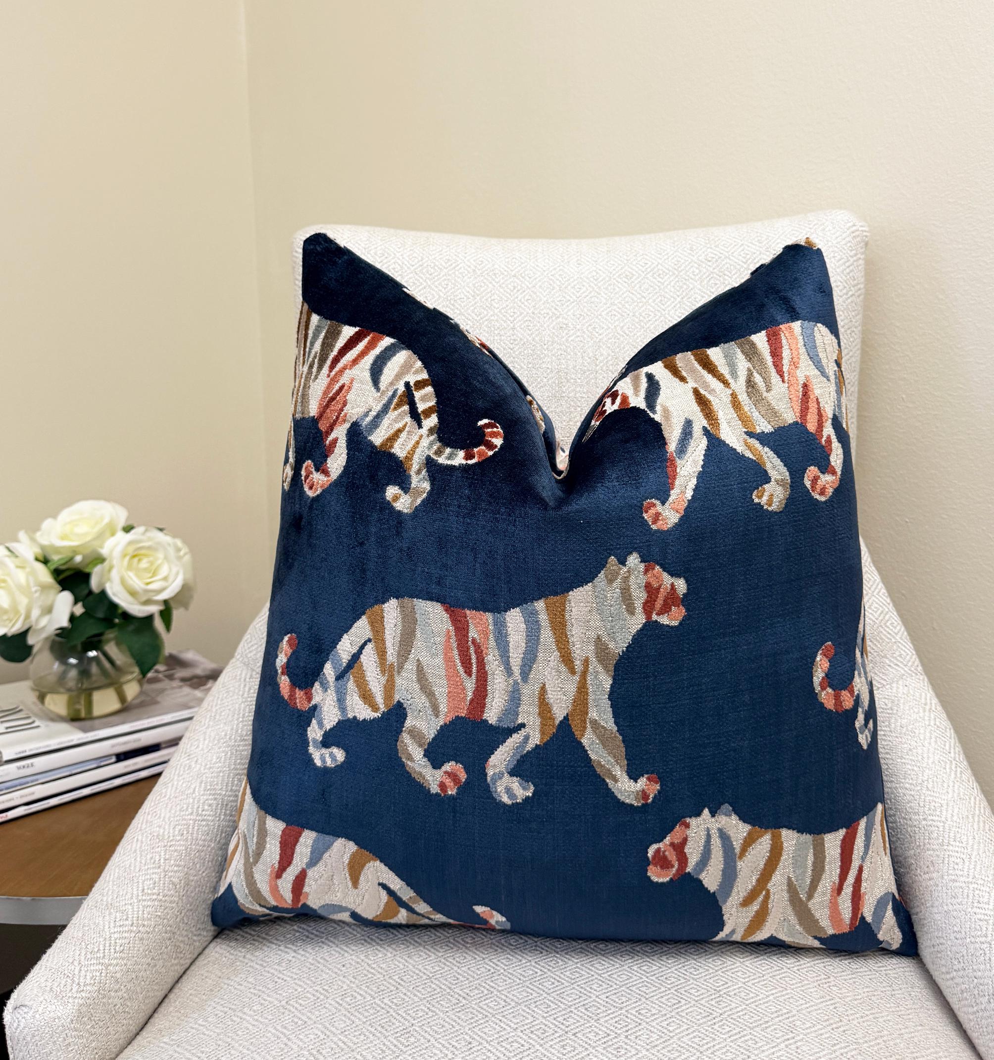 Navy Blue Tiger Motif Velvet Pillow Cover - Image 6