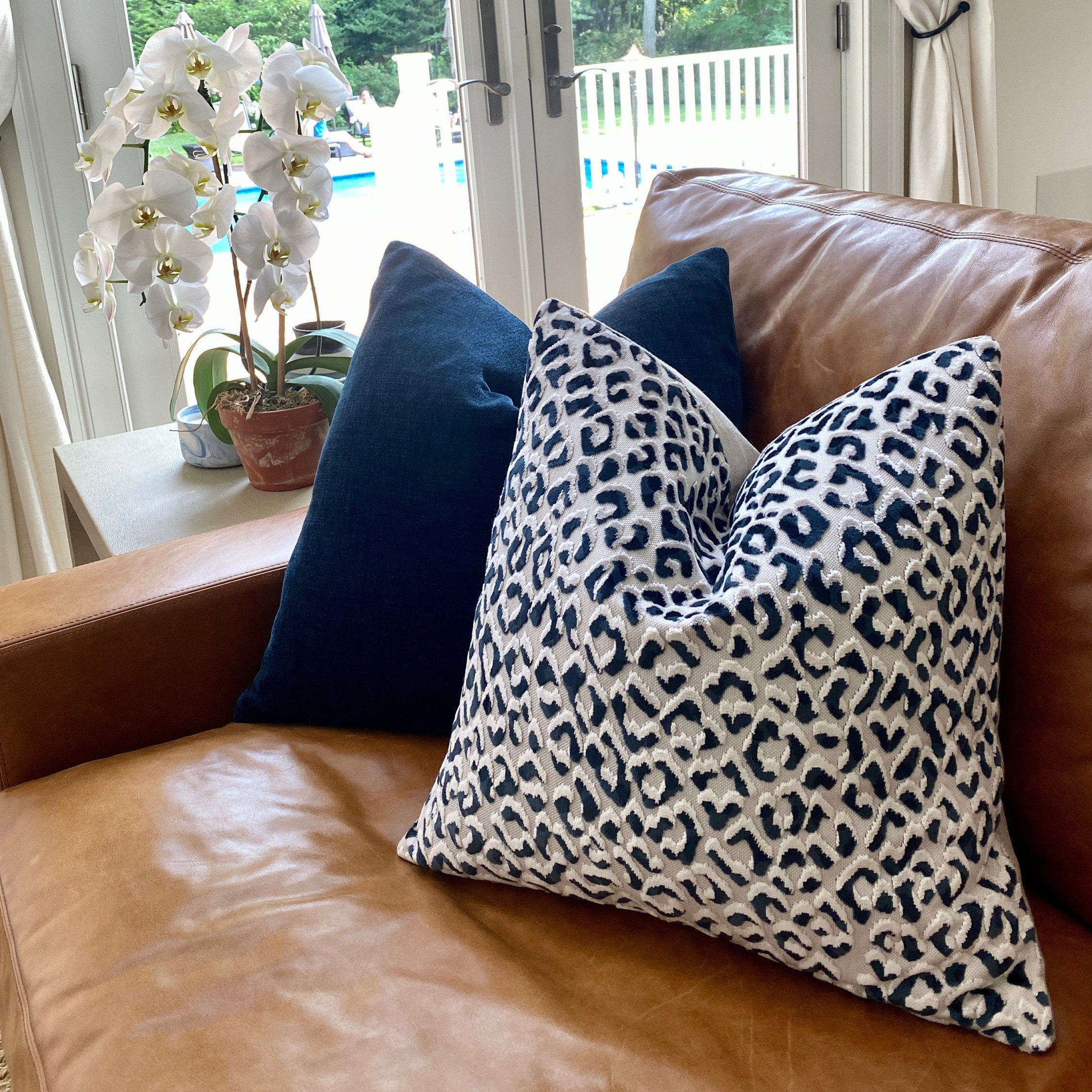Navy Blue Leopard Print Velvet Pillow Cover - Image 5
