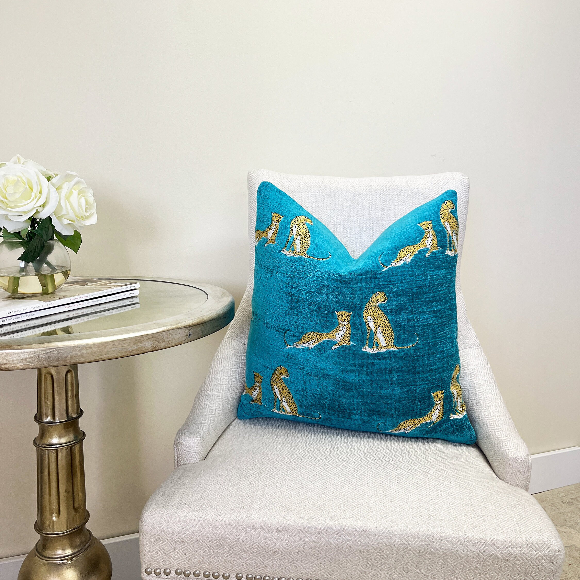 Teal Leopard Motif Velvet Pillow Cover - Image 3