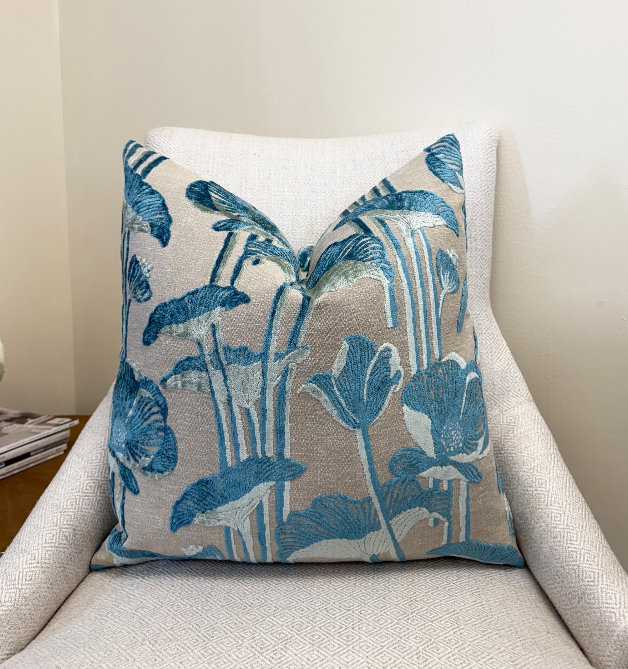 Blue Botanical Lotus Velvet Pillow Cover - Image 2