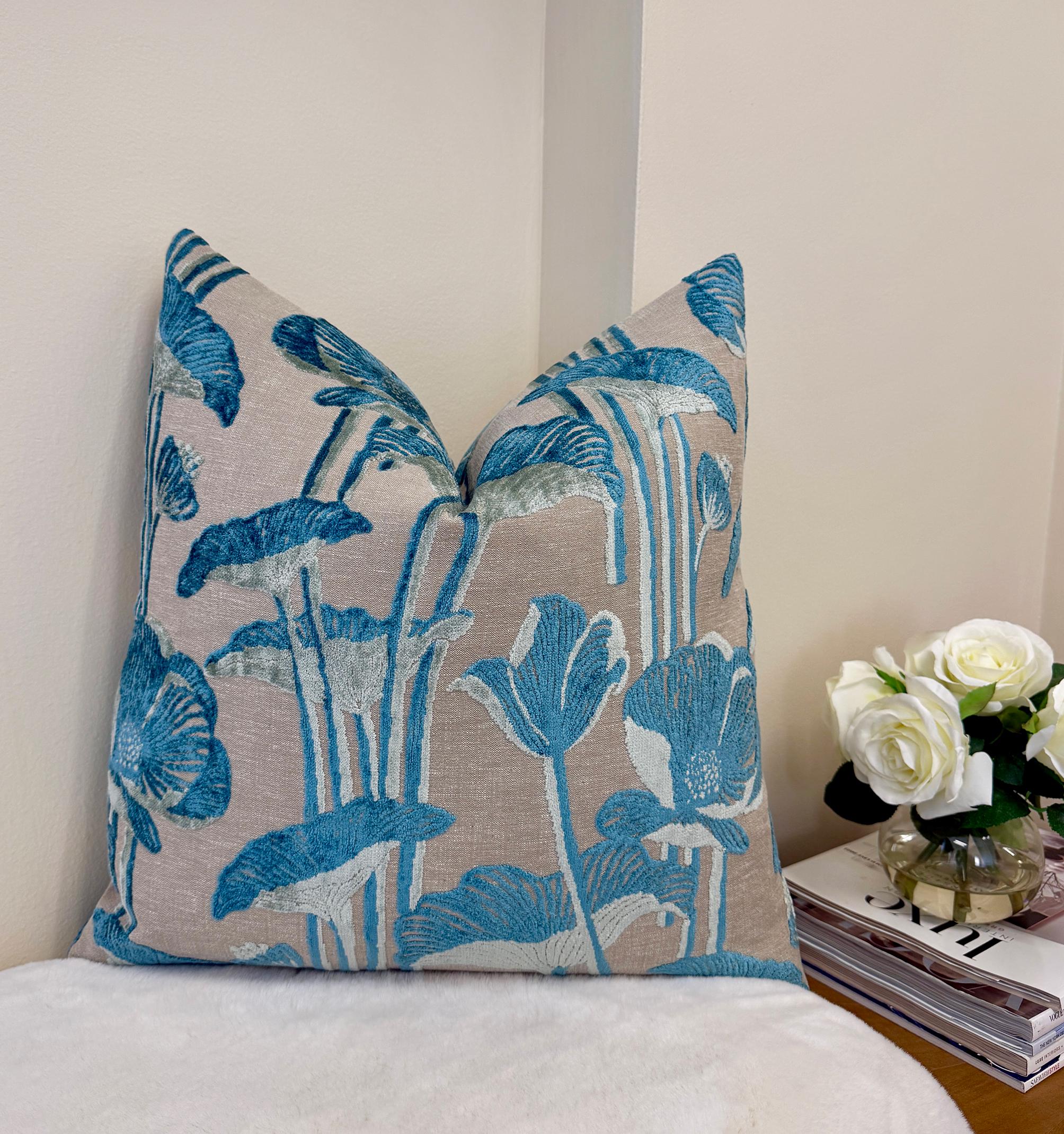 Blue Botanical Lotus Velvet Pillow Cover