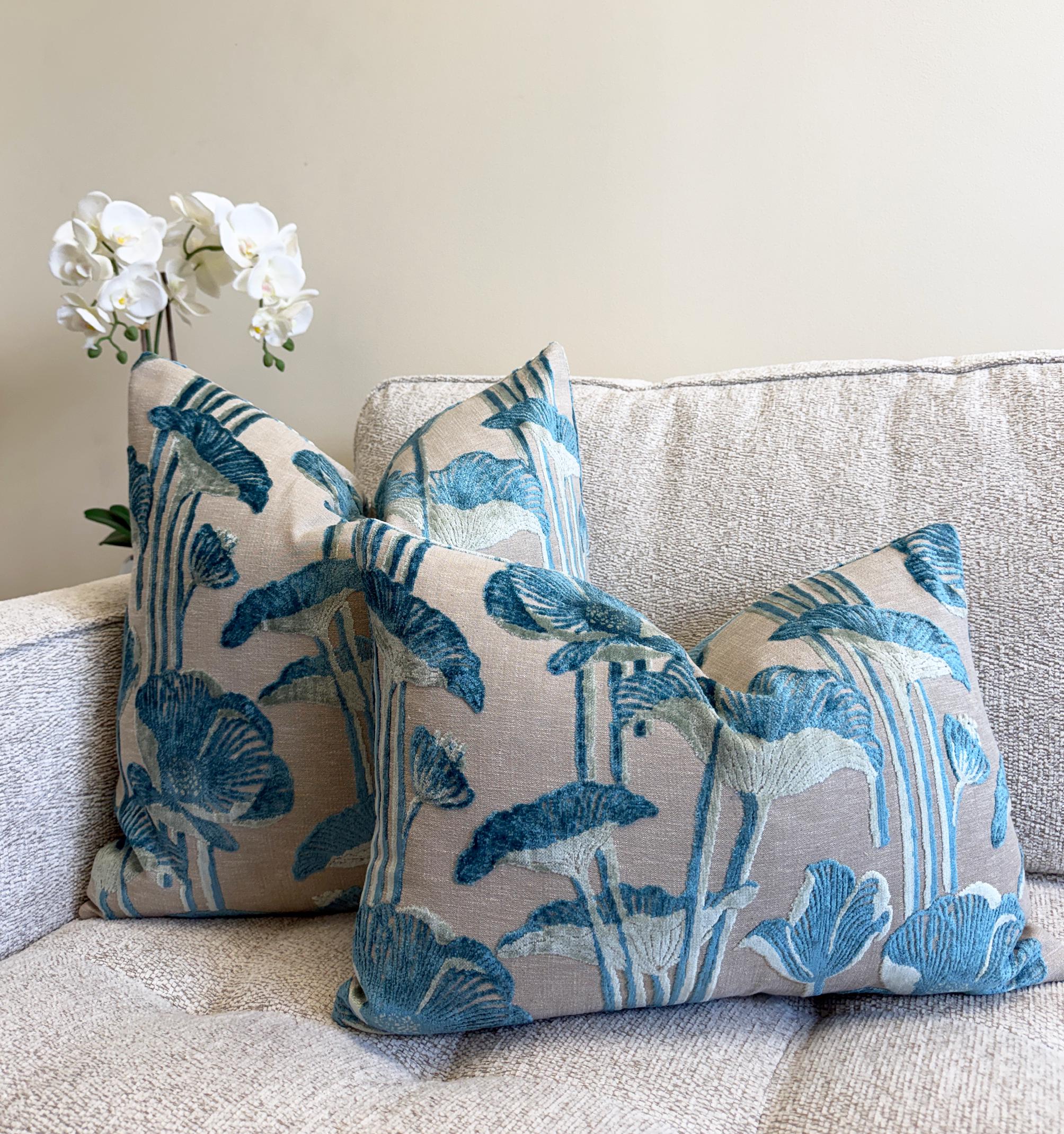 Blue Botanical Lotus Velvet Pillow Cover - Image 5