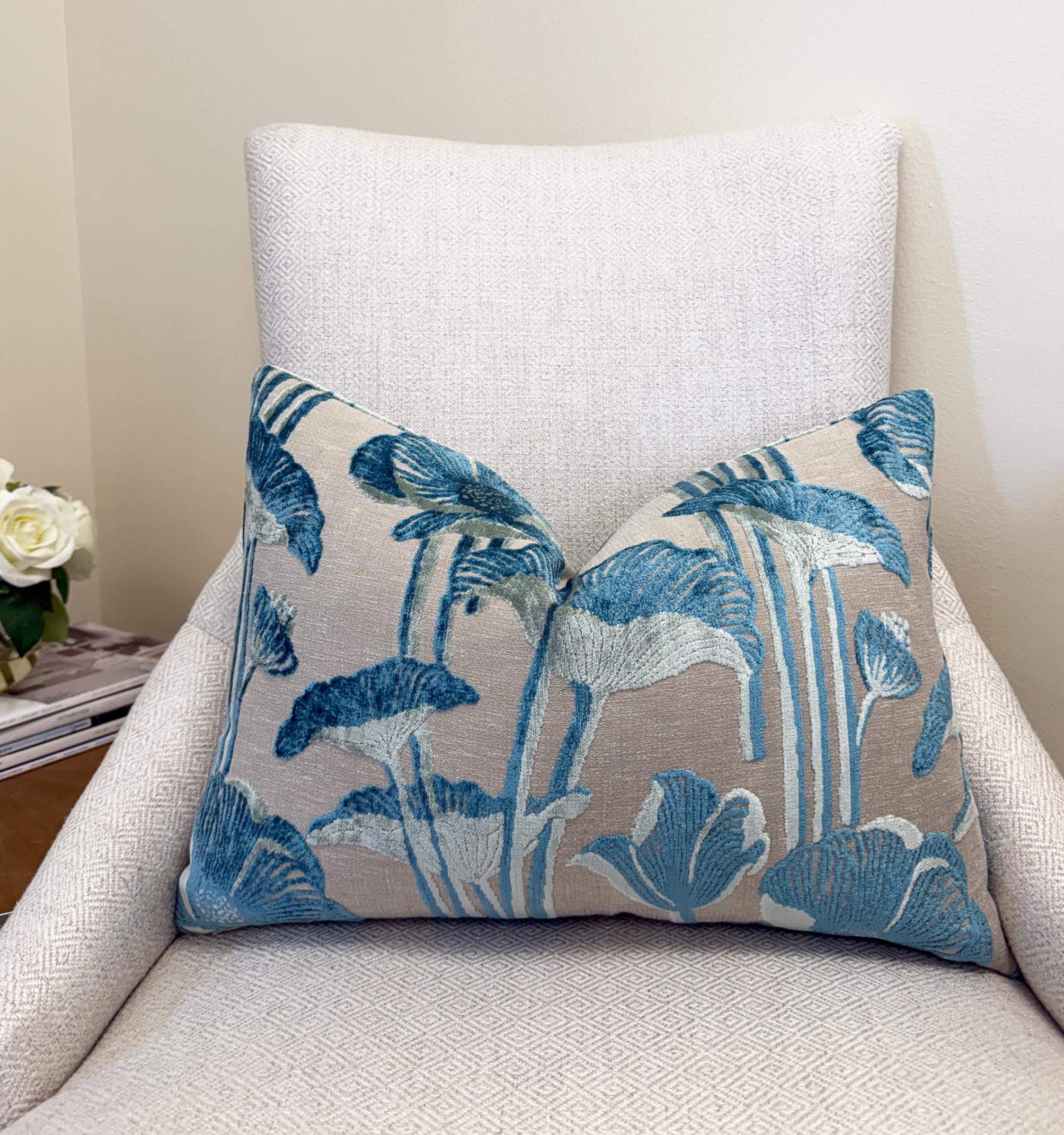 Blue Botanical Lotus Velvet Pillow Cover - Image 6