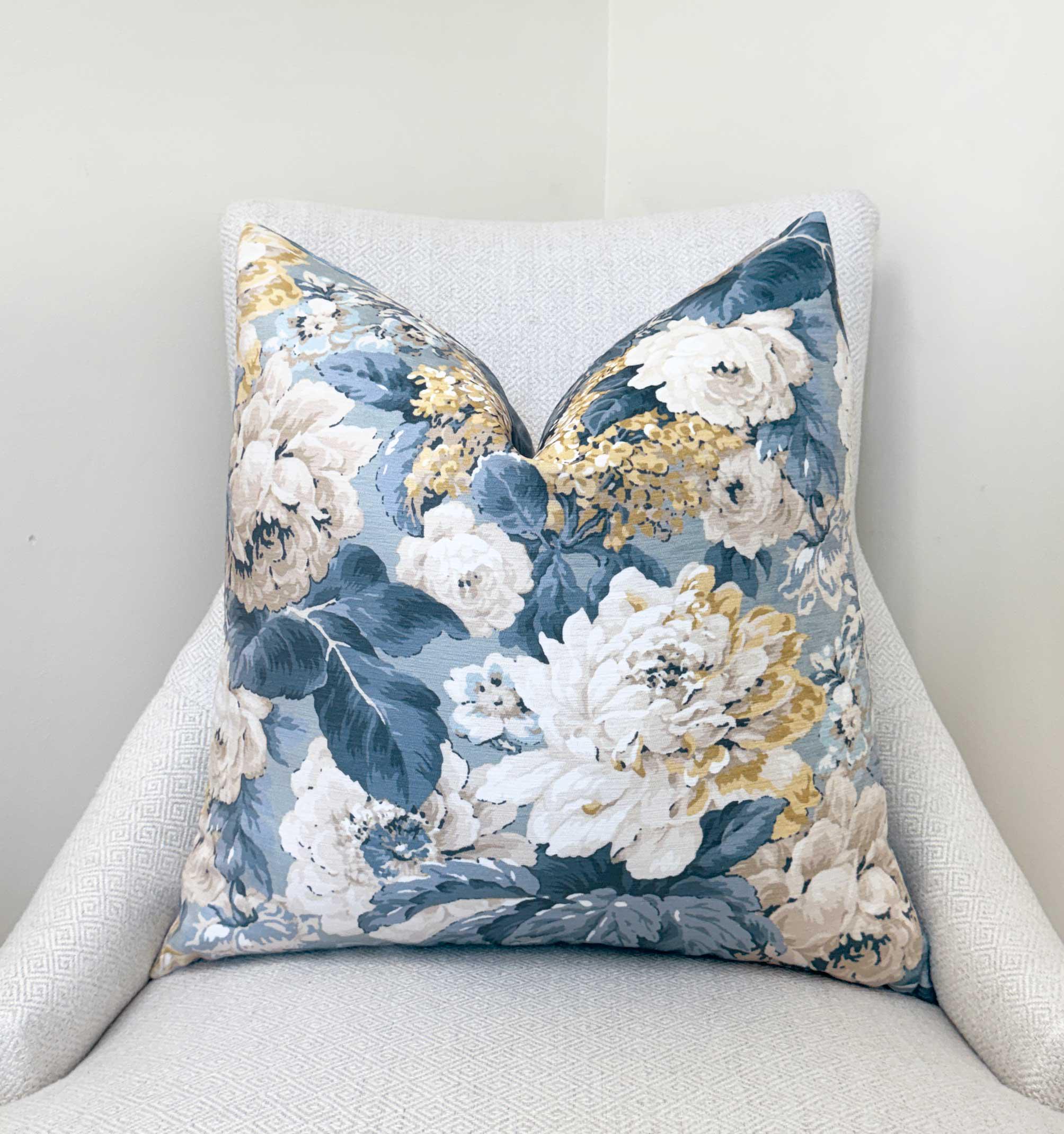 Blue Ivory Peony Floral Velvet Pillow Cover