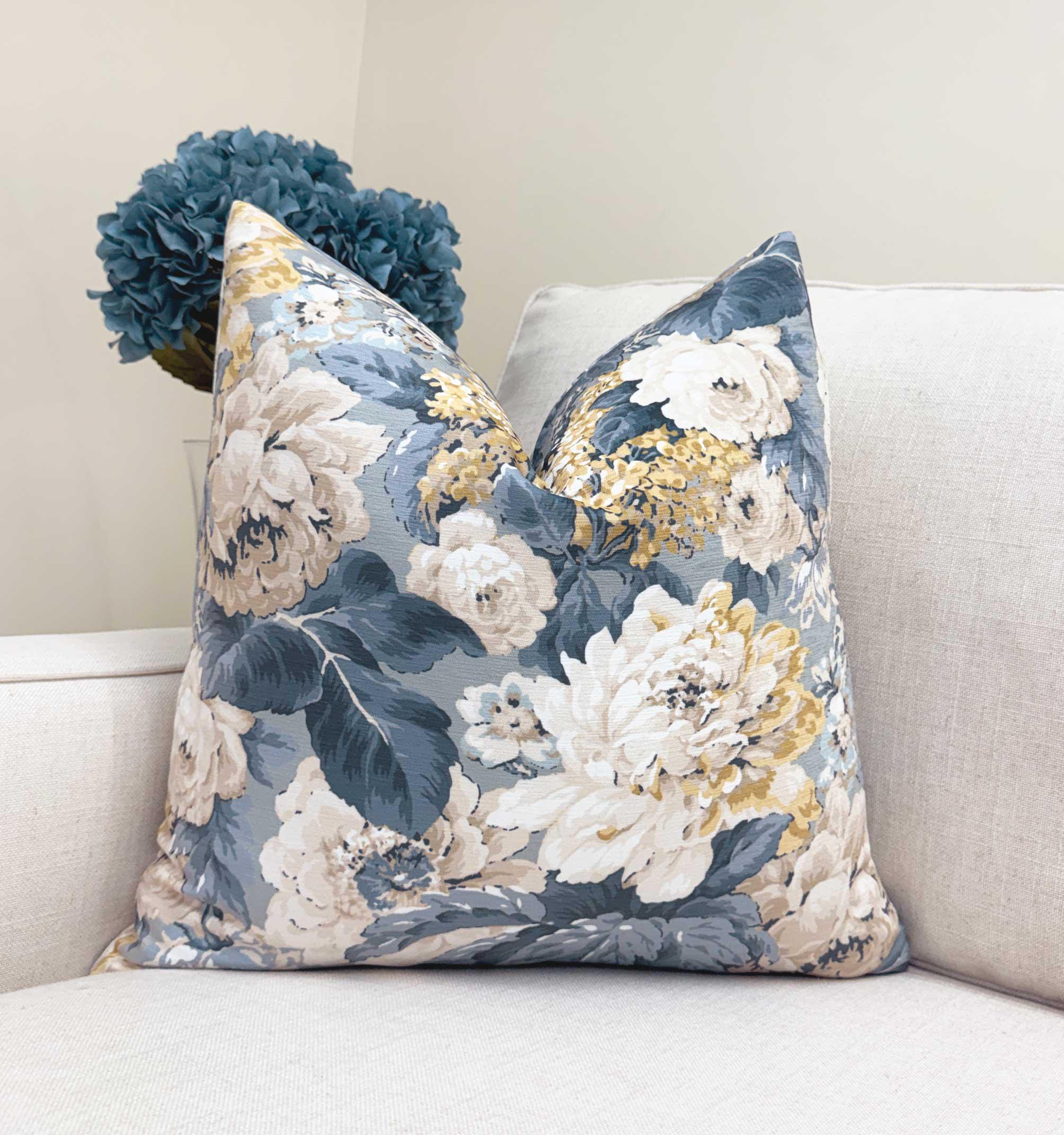 Blue Ivory Peony Floral Velvet Pillow Cover - Image 3