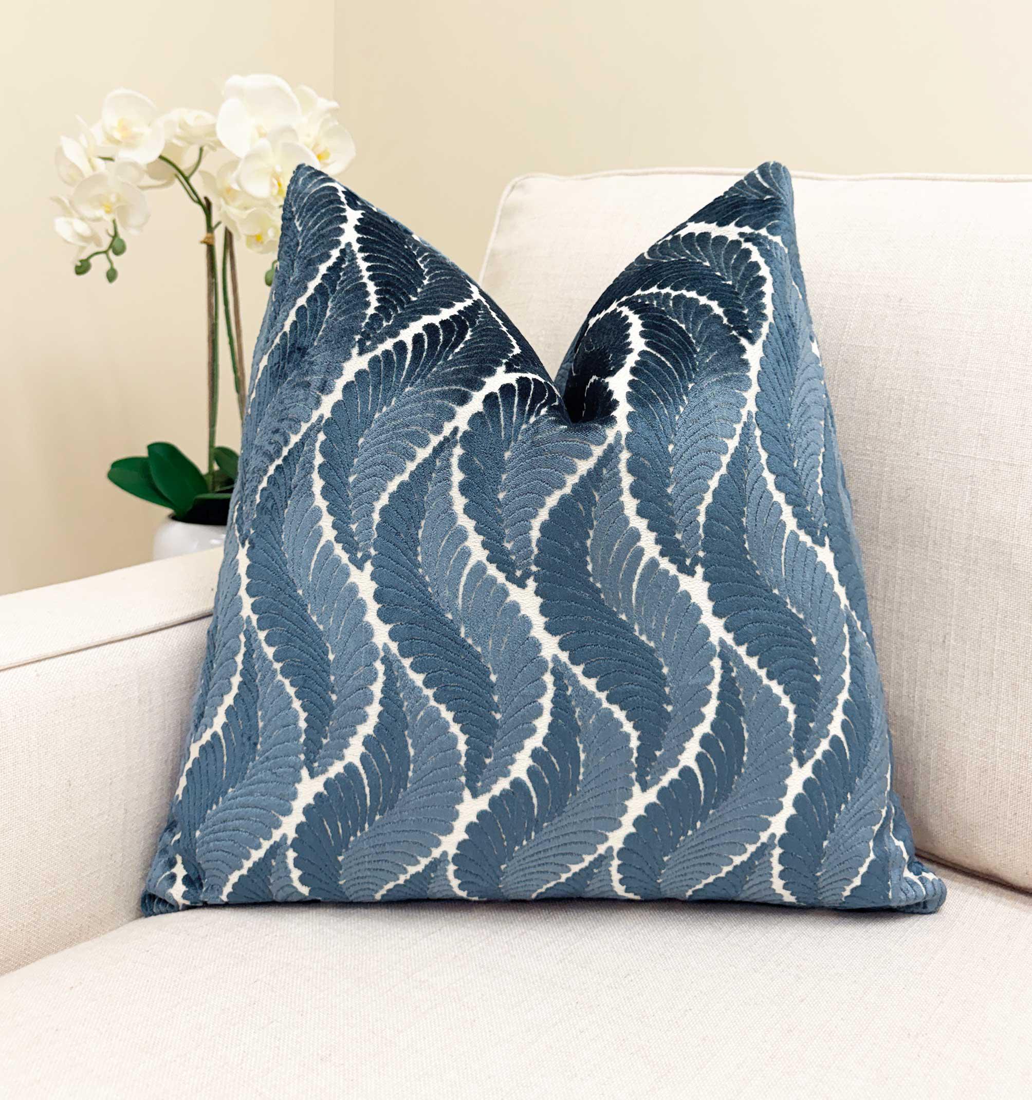 Blue Fern Leaf Velvet Pillow Cover