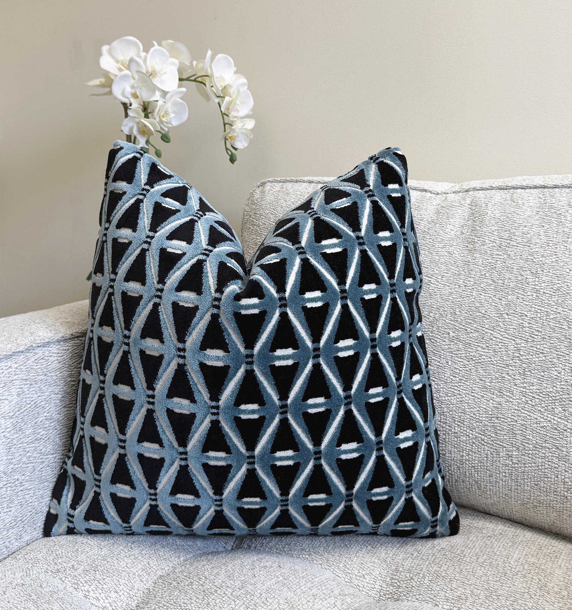 Black Blue Geometric Lattice Velvet Pillow Cover - Image 2