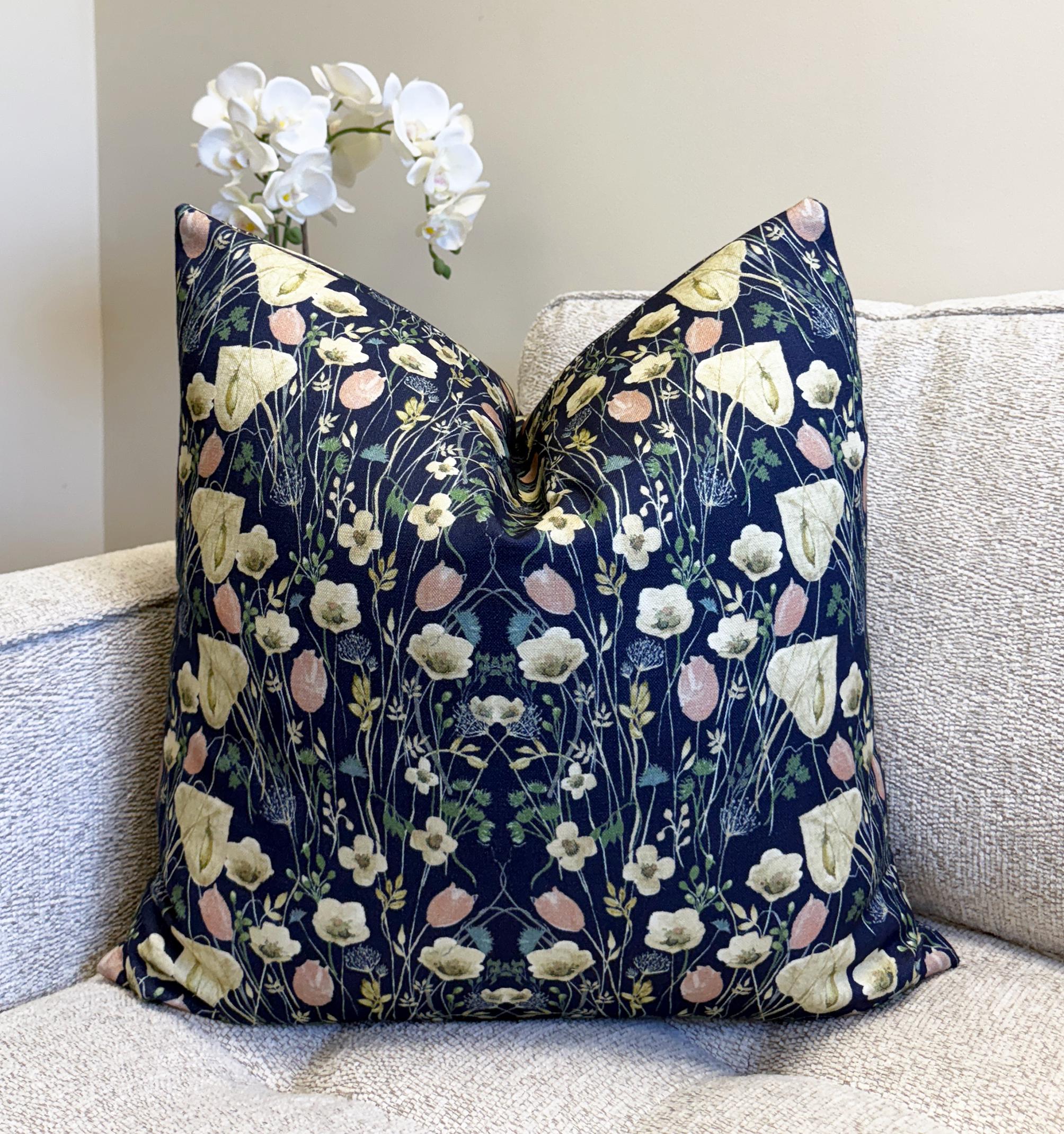 Navy Blue Wildflower Meadow Velvet Pillow Cover