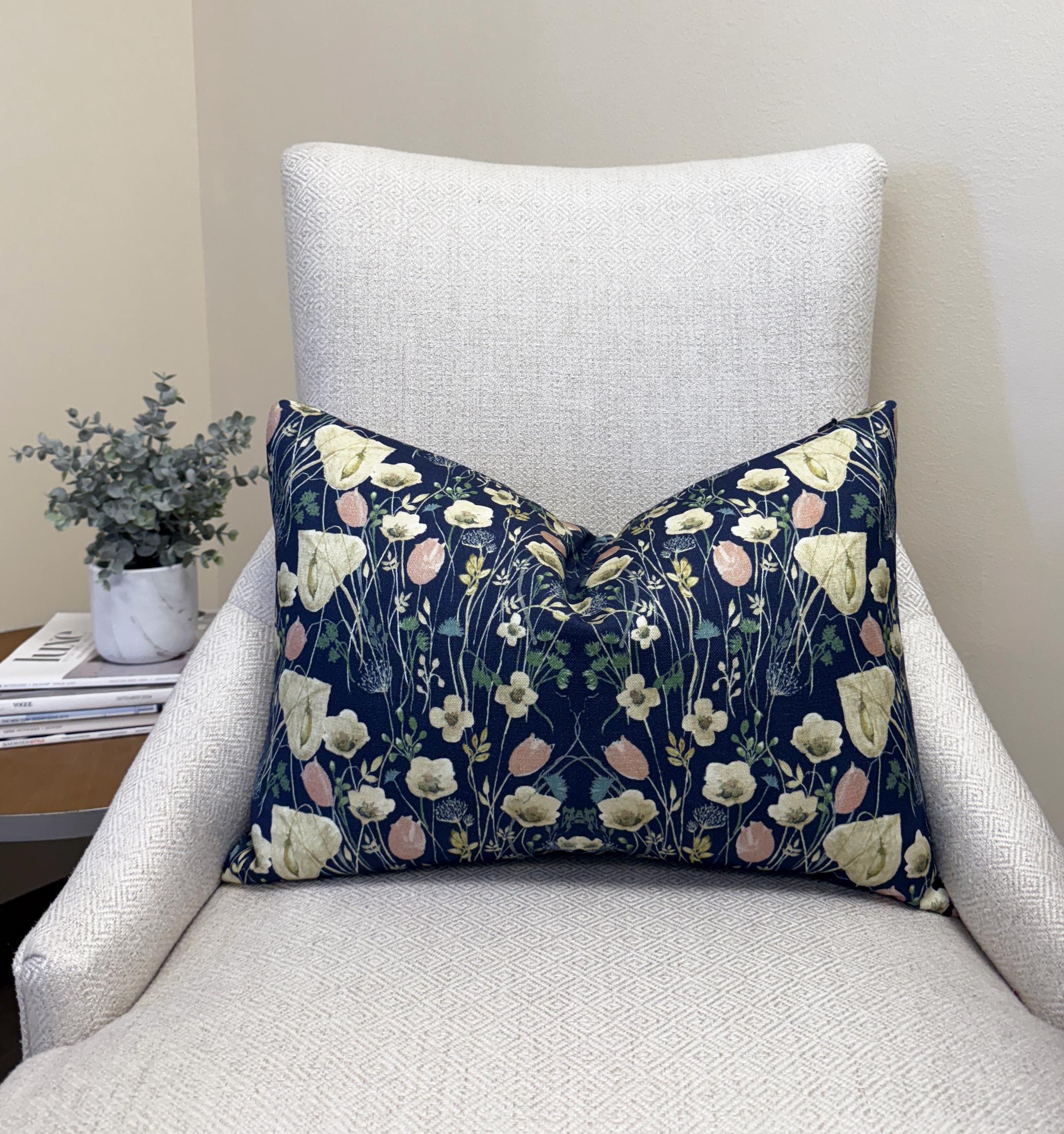 Navy Blue Wildflower Meadow Velvet Pillow Cover - Image 2