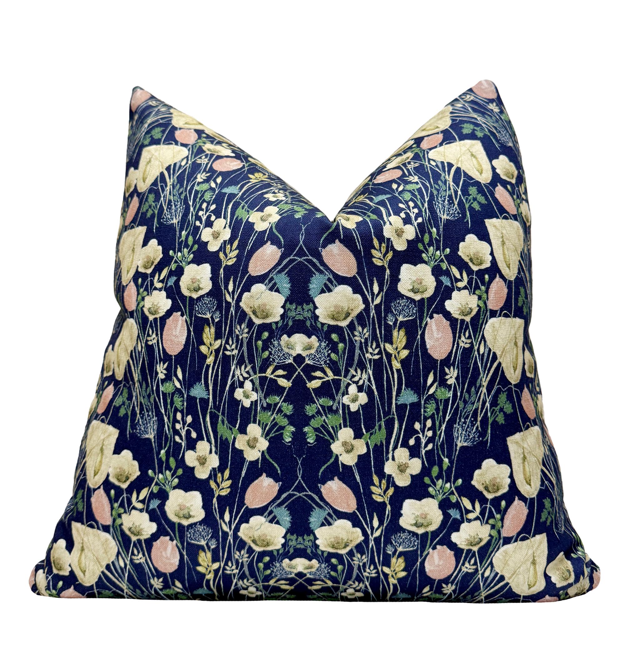 Navy Blue Wildflower Meadow Velvet Pillow Cover - Image 4